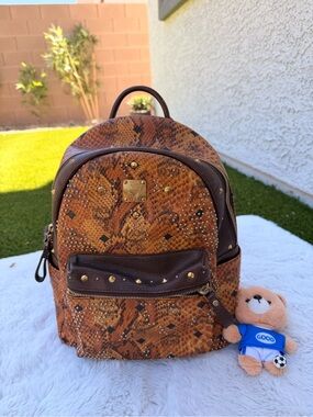 MCM Brown Snakeskin Print Mini Backpack with Gold Studs